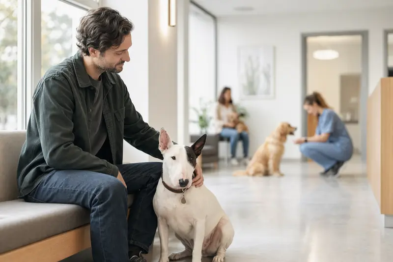 Ein Miniature Bull Terrier sitzt ruhig neben seinem Besitzer im hellen Wartezimmer einer modernen Tierarztpraxis.